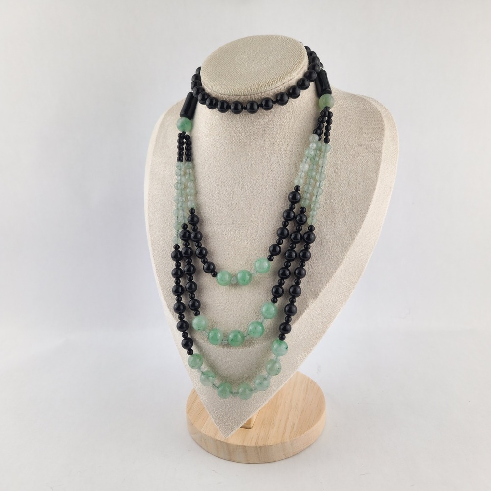 Vintage Multi Strand Black Green Bead Necklace Rhinestone Rondelle Spacer - Picture 2 of 11